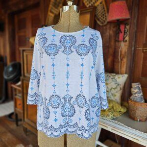 Women's N Touch Petite Long Blouse White with blue and silver detail